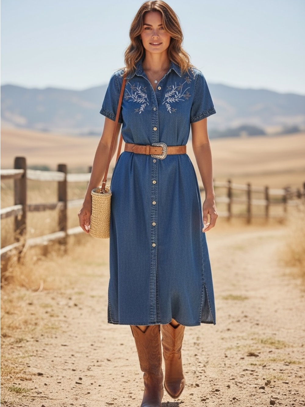 Vintage Denim Button Down Embroidered Appliqué Pocket Midi Shirt Dress